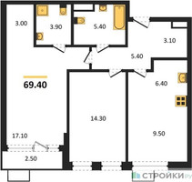Планировка двухкомнатной(квартира) площадью 69.4 квадратных метров в “ЖК Дом на Зорге”