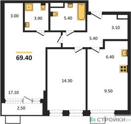 Планировка двухкомнатной(квартира) площадью 69.4 квадратных метров в ЖК “ЖК Дом на Зорге”