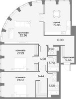 Планировка трехкомнатной(апартаменты) площадью 131.6 квадратных метров в “ЖК Sky View (Скай Вью)”