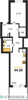 Планировка однокомнатной(апартаменты) площадью 44.3 квадратных метров в “ЖК Равновесие”