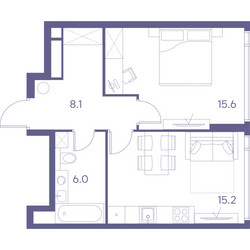 Планировка однокомнатной(квартира) площадью 44.9 квадратных метров в ЖК “ЖК THE LOT by Akvilon”