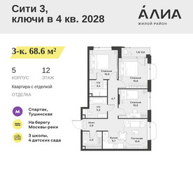 Планировка трехкомнатной(квартира) площадью 68.6 квадратных метров в ЖК “ЖК АЛИА”