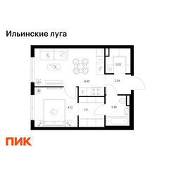 Планировка однокомнатной(квартира) площадью 36.49 квадратных метров в ЖК “ЖК Ильинские луга”