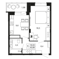 Планировка однокомнатной(квартира) площадью 40.3 квадратных метров в ЖК “ЖК Времена года”