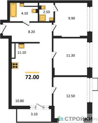 Планировка трехкомнатной(квартира) площадью 72 квадратных метров в ЖК “ЖК Прокшино”