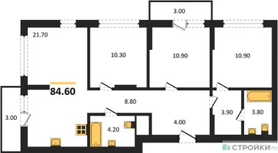 Планировка трехкомнатной(квартира) площадью 84.6 квадратных метров в ЖК “ЖК Первый квартал”