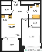 Планировка однокомнатной(квартира) площадью 42.7 квадратных метров в “ЖК ROTTERDAM (Роттердам)”