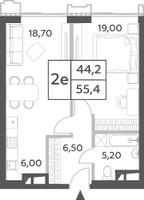 Планировка двухкомнатной(квартира) площадью 55.4 квадратных метров в “ЖК Will Towers (Вилл Тауэрс)”