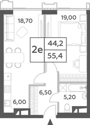 Планировка двухкомнатной(квартира) площадью 55.4 квадратных метров в ЖК “ЖК Will Towers (Вилл Тауэрс)”