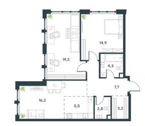 Планировка 4+ комнатной(квартира) площадью 80.5 квадратных метров в ЖК “ЖК Level Южнопортовая”