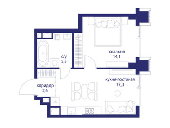 Планировка однокомнатной(квартира) площадью 39.3 квадратных метров в ЖК “ЖК Событие”