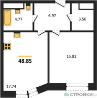 Планировка однокомнатной(квартира) площадью 48.85 квадратных метров в “ЖК Sezar City (Сезар Сити)”