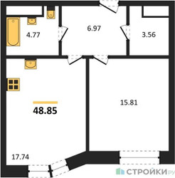 Планировка однокомнатной(квартира) площадью 48.85 квадратных метров в ЖК “ЖК Sezar City (Сезар Сити)”