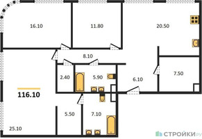 Планировка трехкомнатной(квартира) площадью 116.1 квадратных метров в “ЖК Shagal (Шагал)”