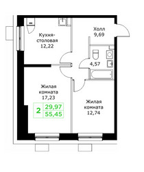 Планировка двухкомнатной(квартира) площадью 56.45 квадратных метров в ЖК “ЖК КИТ 2”