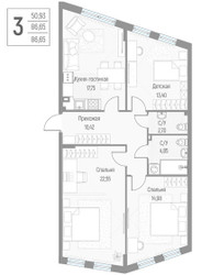 Планировка трехкомнатной(квартира) площадью 86.5 квадратных метров в ЖК “ЖК Эльйон”