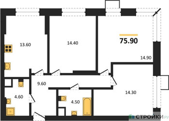 Планировка трехкомнатной(квартира) площадью 75.9 квадратных метров в “ЖК Гоголь парк”