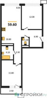 Планировка двухкомнатной(квартира) площадью 59.6 квадратных метров в “ЖК Родные кварталы”