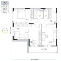 Планировка двухкомнатной(квартира) площадью 59.3 квадратных метров в “ЖК Пироговская Ривьера”