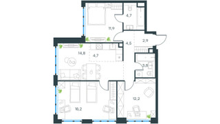 Планировка 4+ комнатной(квартира) площадью 77.9 квадратных метров в “ЖК Level Южнопортовая”