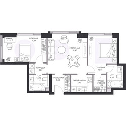 Планировка трехкомнатной(квартира) площадью 68.6 квадратных метров в ЖК “ЖК Hide (Хайд)”