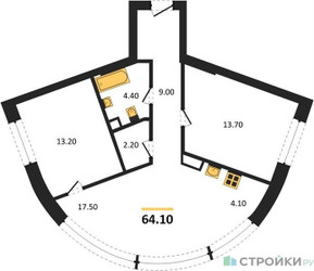 Планировка двухкомнатной(квартира) площадью 64.1 квадратных метров в ЖК “ЖК Родина Переделкино”