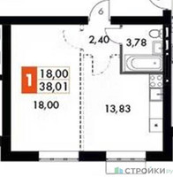 Планировка однокомнатной(квартира) площадью 38.01 квадратных метров в “ЖК Жаворонки Клаб”