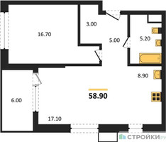 Планировка однокомнатной(квартира) площадью 58.9 квадратных метров в “ЖК Дзен-кварталы”