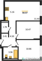 Планировка двухкомнатной(квартира) площадью 50.57 квадратных метров в “ЖК Мытищи Парк”