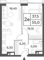 Планировка двухкомнатной(квартира) площадью 55 квадратных метров в “ЖК Will Towers (Вилл Тауэрс)”