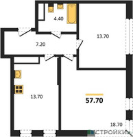 Планировка двухкомнатной(квартира) площадью 57.7 квадратных метров в “ЖК Переделкино Ближнее”