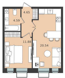 Планировка однокомнатной(квартира) площадью 41.66 квадратных метров в ЖК “ЖК Мишино-2”