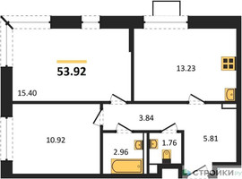 Планировка двухкомнатной(квартира) площадью 53.92 квадратных метров в “ЖК Новое Видное”