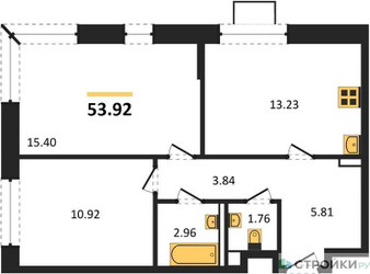 Планировка двухкомнатной(квартира) площадью 53.92 квадратных метров в “ЖК Новое Видное”
