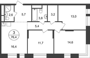 Планировка трехкомнатной(квартира) площадью 76.4 квадратных метров в “ЖК Первый Московский”