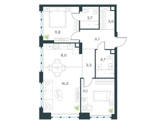 Планировка трехкомнатной(квартира) площадью 68 квадратных метров в ЖК “ЖК Левел Южнопортовая”