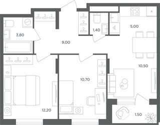 Планировка трехкомнатной(квартира) площадью 53.4 квадратных метров в ЖК “ЖК Равновесие”