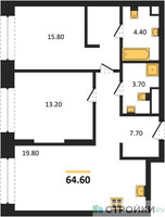 Планировка двухкомнатной(квартира) площадью 64.6 квадратных метров в “ЖК SOUL (СОУЛ)”