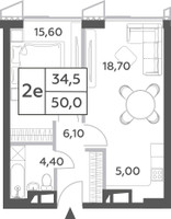 Планировка двухкомнатной(квартира) площадью 50 квадратных метров в “ЖК Will Towers (Вилл Тауэрс)”