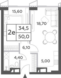 Планировка двухкомнатной(квартира) площадью 50 квадратных метров в ЖК “ЖК Will Towers (Вилл Тауэрс)”