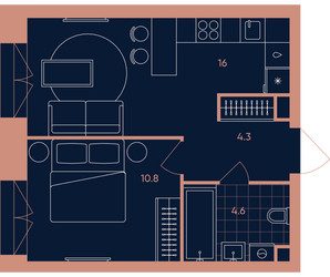 Планировка двухкомнатной(квартира) площадью 35.7 квадратных метров в ЖК “Квартал Эра”