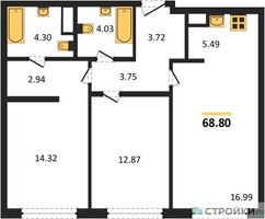 Планировка двухкомнатной(квартира) площадью 68.8 квадратных метров в “ЖК Собрание клубных домов West Garden (Вест Гарден)”