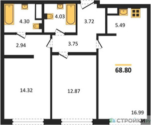 Планировка двухкомнатной(квартира) площадью 68.8 квадратных метров в ЖК “ЖК Собрание клубных домов West Garden (Вест Гарден)”