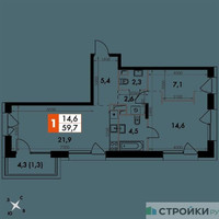 Планировка однокомнатной(квартира) площадью 59.7 квадратных метров в “ЖК The LAKE (Лэйк)”