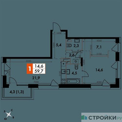 Планировка однокомнатной(квартира) площадью 59.7 квадратных метров в ЖК “ЖК The LAKE (Лэйк)”