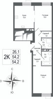 Планировка двухкомнатной(квартира) площадью 54.2 квадратных метров в “ЖК КИНОКВАРТАЛ”