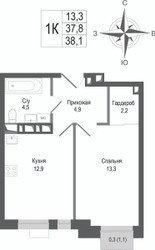 Планировка однокомнатной(квартира) площадью 37.8 квадратных метров в ЖК “ЖК КИНОКВАРТАЛ”