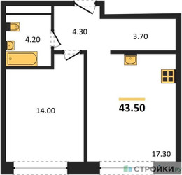 Планировка однокомнатной(квартира) площадью 43.5 квадратных метров в ЖК “ЖК Mariinn Park (Мариин Парк)”