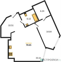 Планировка однокомнатной(апартаменты) площадью 70.9 квадратных метров в “ЖК Резиденция Сокольники”
