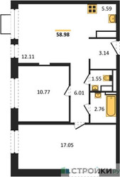 Планировка двухкомнатной(квартира) площадью 58.98 квадратных метров в ЖК “ЖК Прибрежный Парк”
